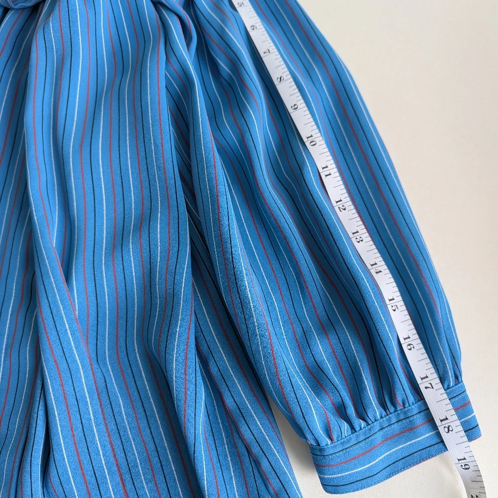 Vintage Secretary Style Stripe Set: Button Down Top Neck Bow A-line Skirt